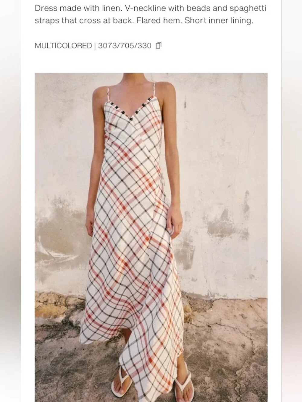 Zara 100% Linen Plaid Slip Strappy Casual Coastal  Maxi Dress with Beaded V-Neck
